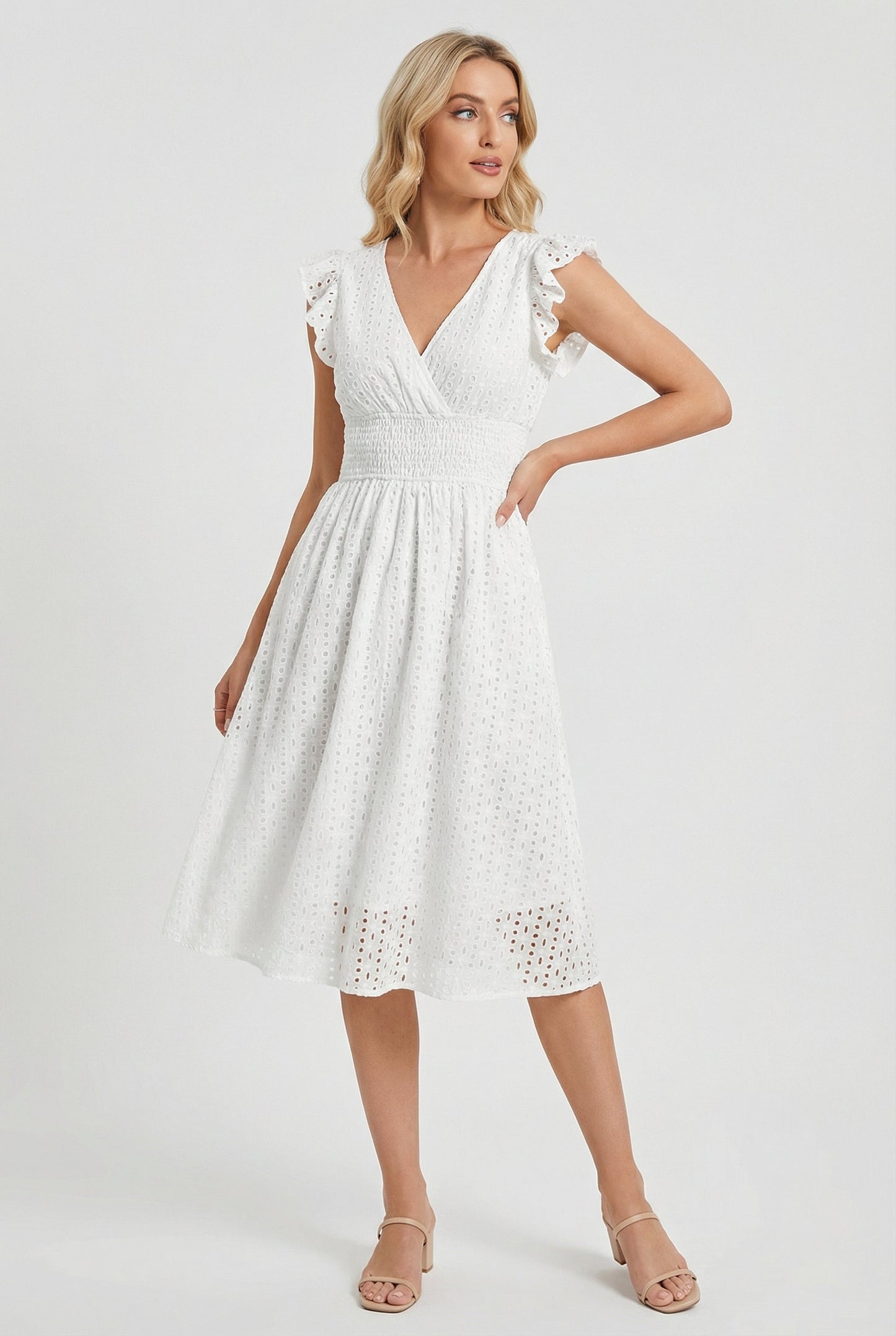 Mid-length women's garment - openwork trapeze dress with smocked waist | vacation