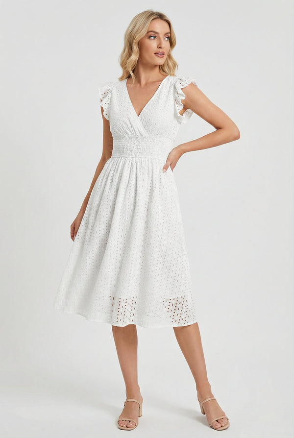 Mid-length women's garment - openwork trapeze dress with smocked waist | vacation