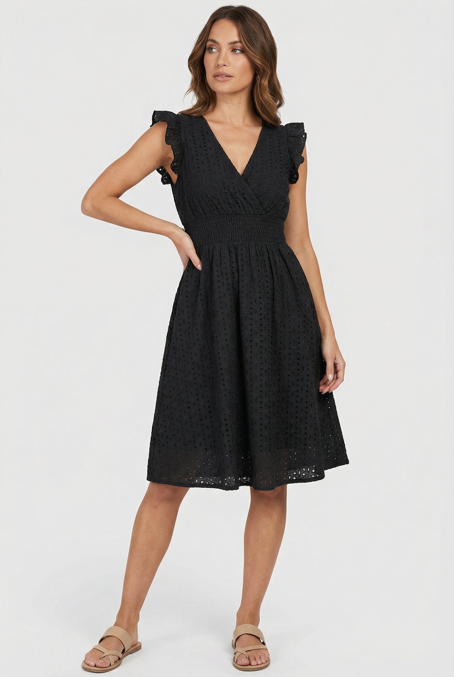 Mid-length women's garment - openwork trapeze dress with smocked waist | vacation