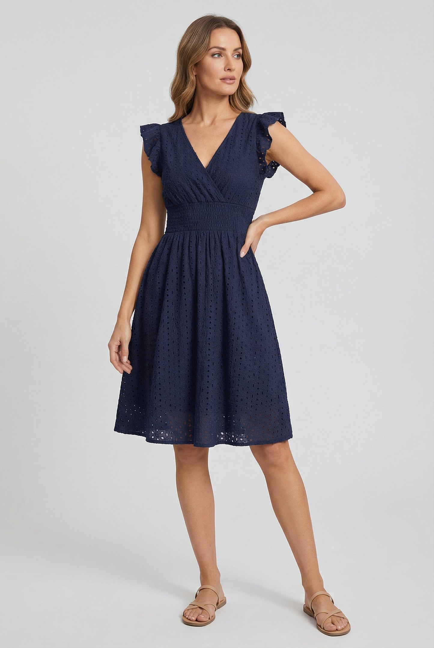 Mid-length women's garment - openwork trapeze dress with smocked waist | vacation
