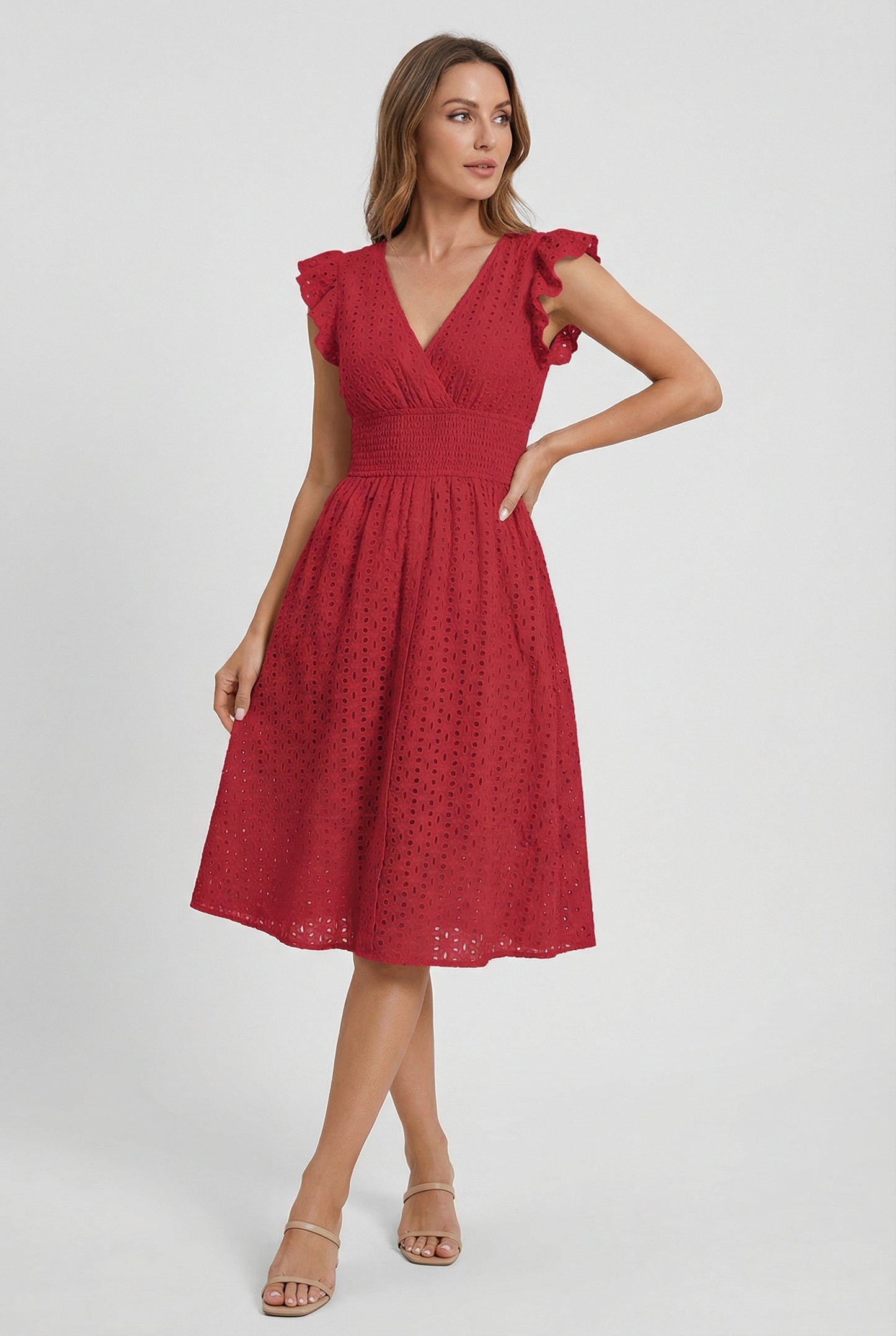 Mid-length women's garment - openwork trapeze dress with smocked waist | vacation