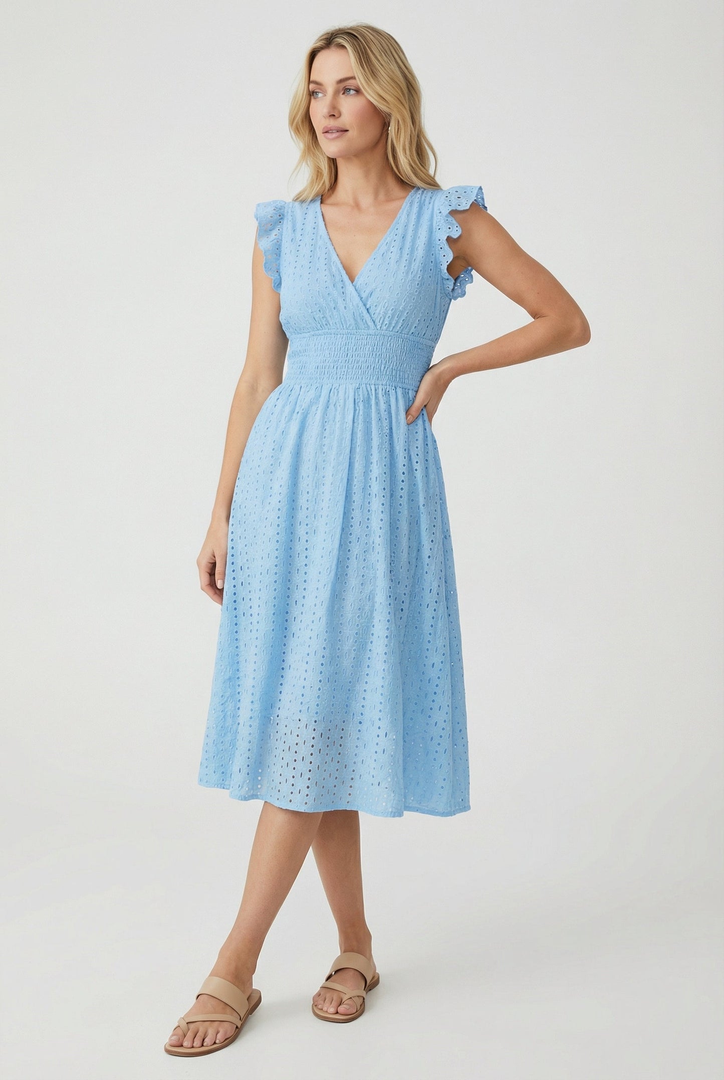 Mid-length women's garment - openwork trapeze dress with smocked waist | vacation