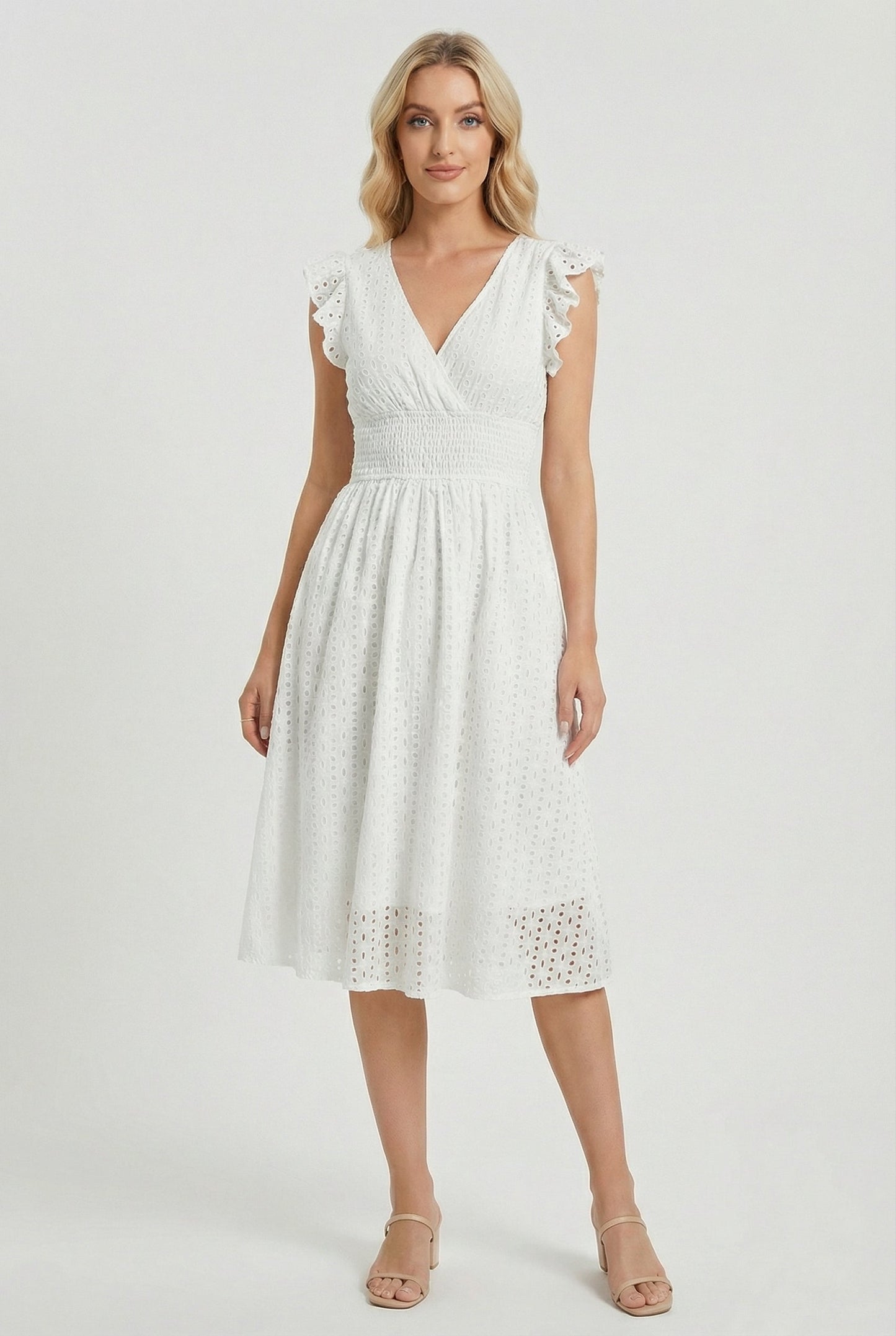 Mid-length women's garment - openwork trapeze dress with smocked waist | vacation