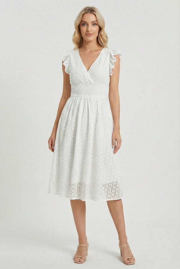 Mid-length women's garment - openwork trapeze dress with smocked waist | vacation