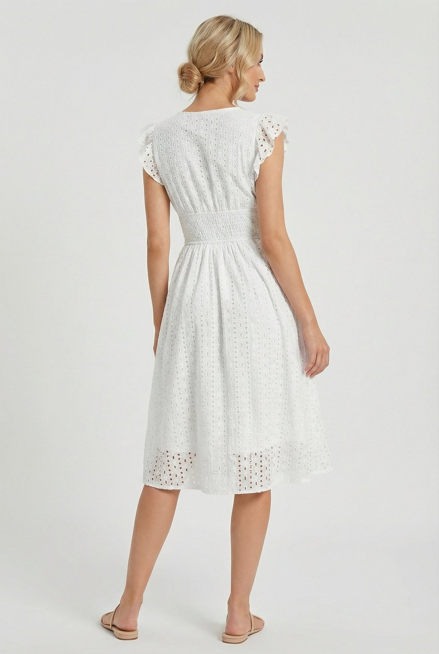 Mid-length women's garment - openwork trapeze dress with smocked waist | vacation