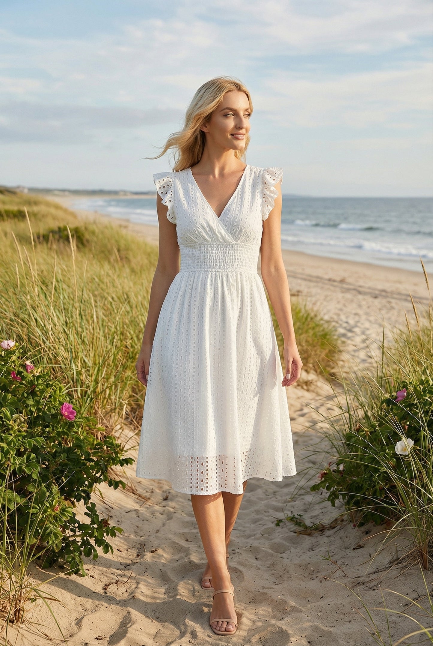 Mid-length women's garment - openwork trapeze dress with smocked waist | vacation