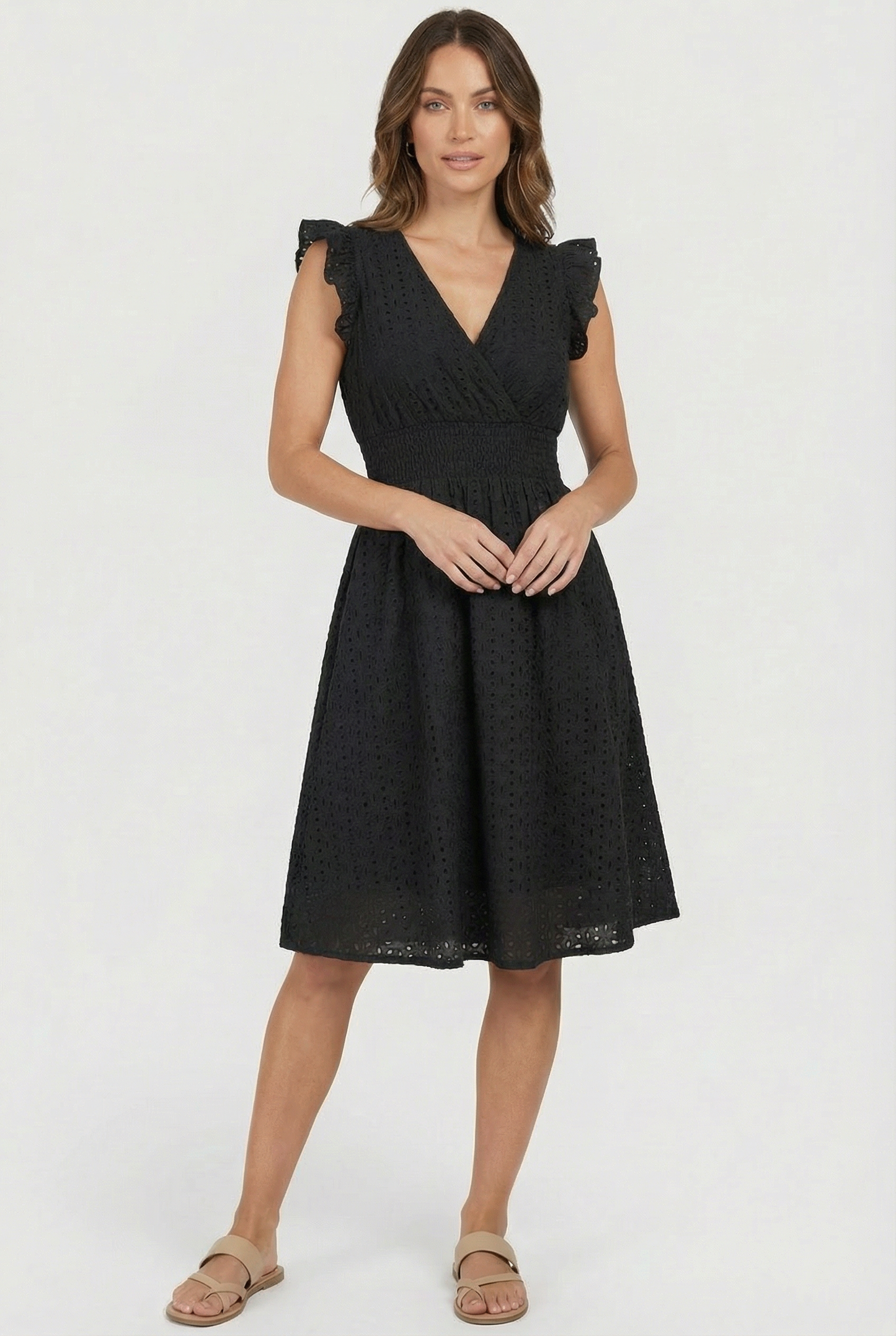 Mid-length women's garment - openwork trapeze dress with smocked waist | vacation