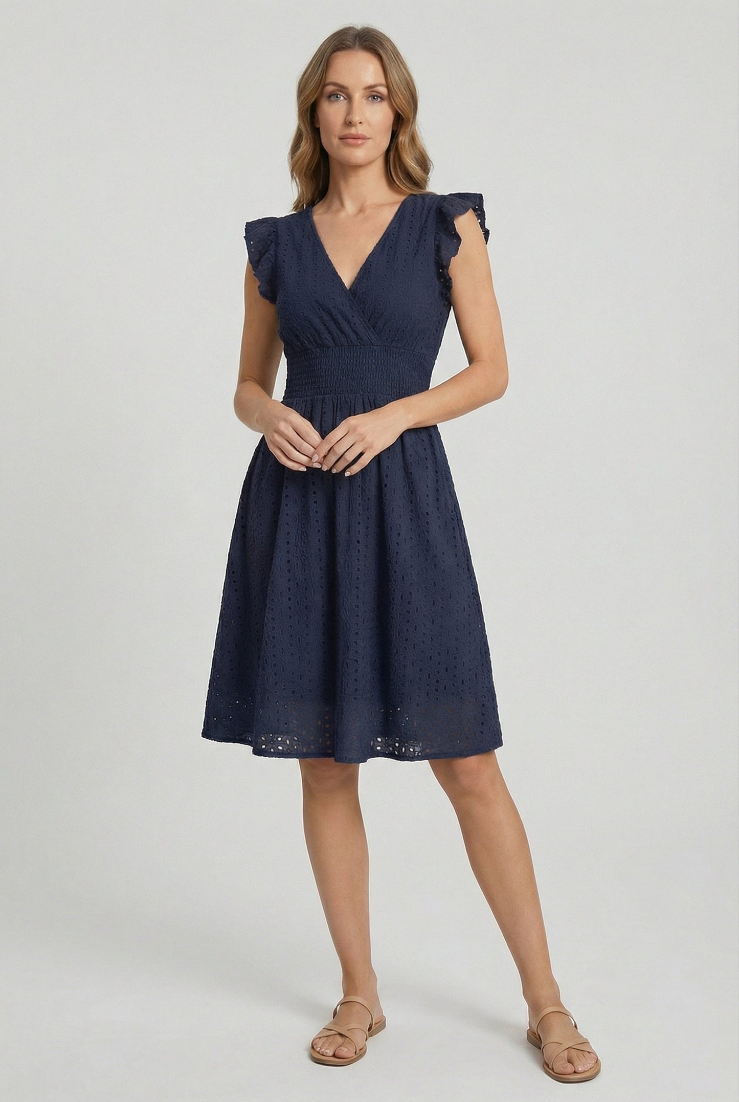 Mid-length women's garment - openwork trapeze dress with smocked waist | vacation