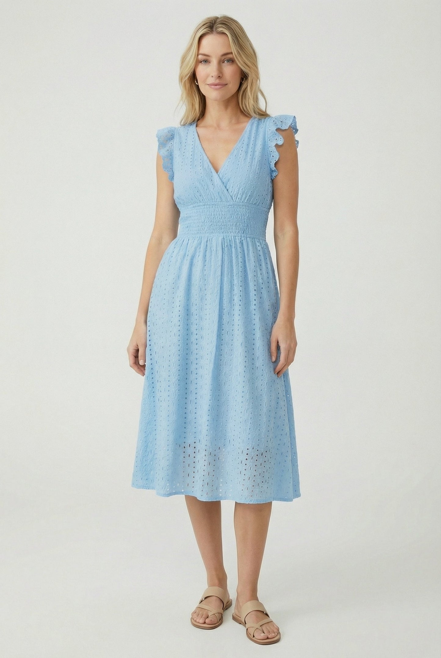 Mid-length women's garment - openwork trapeze dress with smocked waist | vacation
