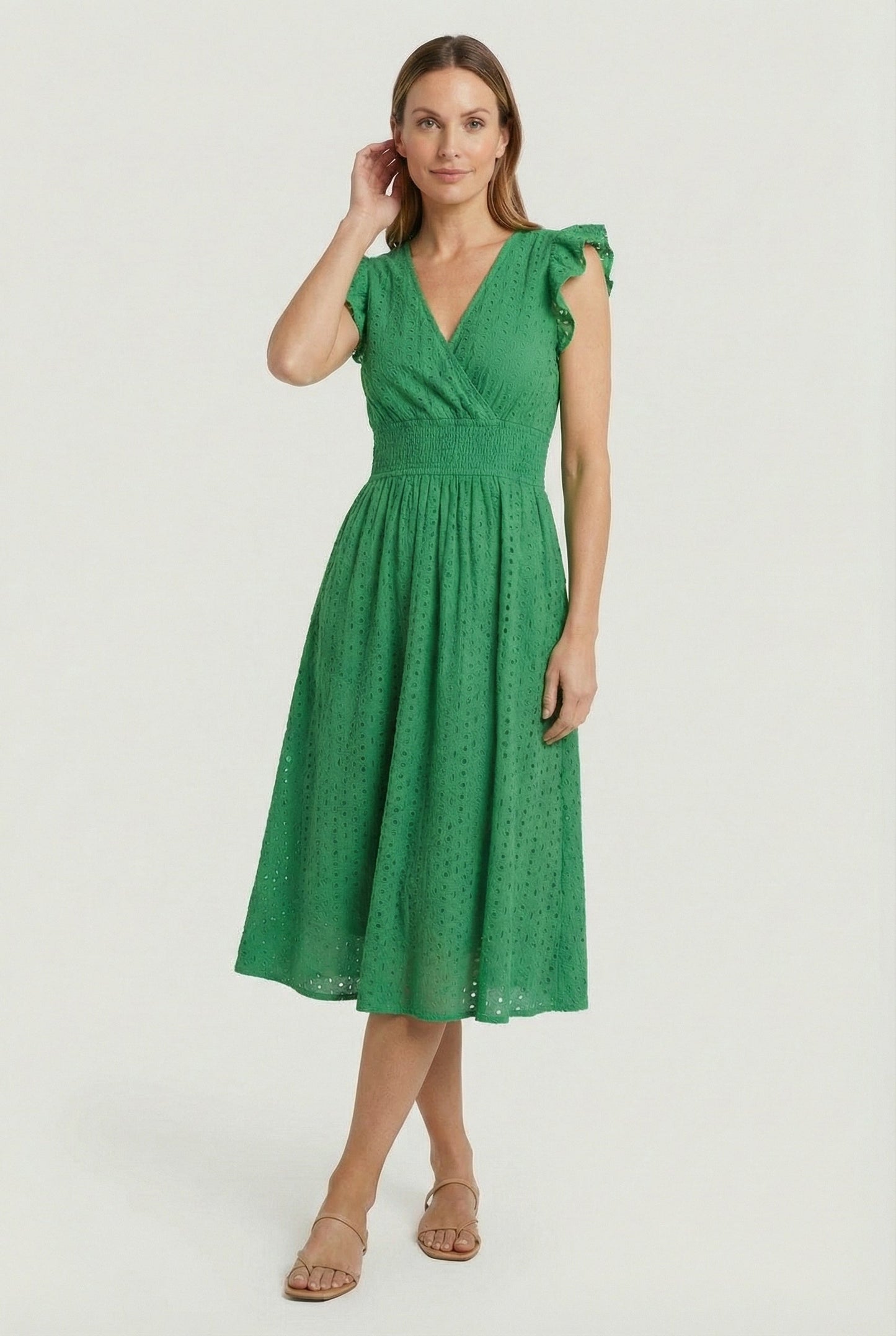 Mid-length women's garment - openwork trapeze dress with smocked waist | vacation