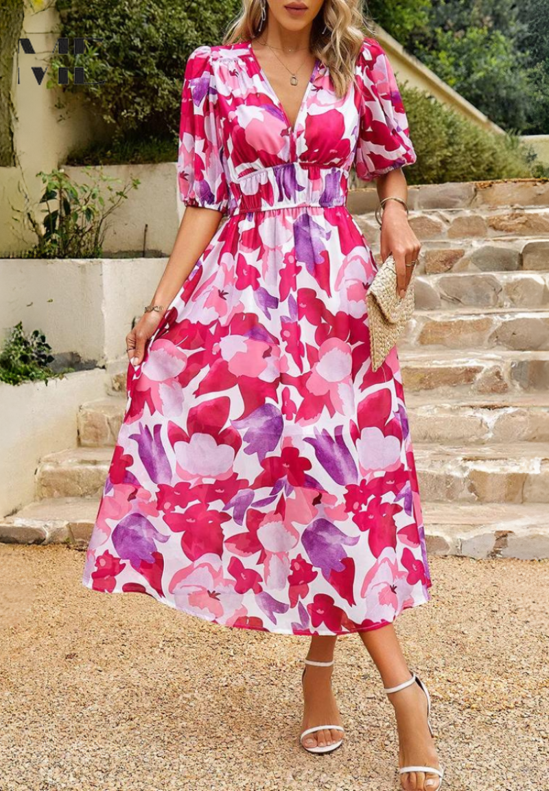 Printed dress for women - flared mid-length model with elastic waist - cocktail
