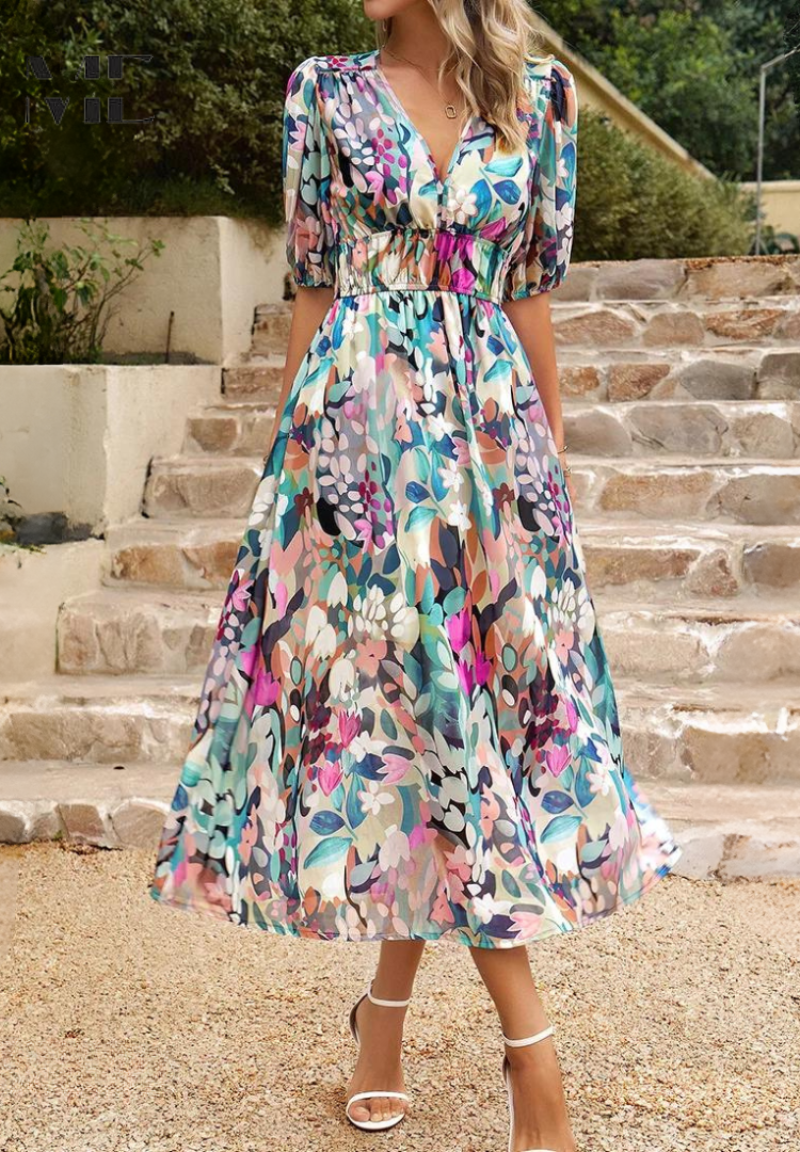 Printed dress for women - flared mid-length model with elastic waist - cocktail