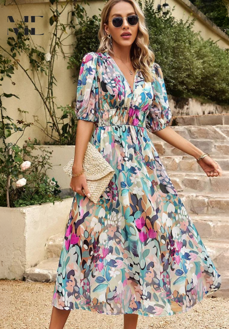 Printed dress for women - flared mid-length model with elastic waist - cocktail